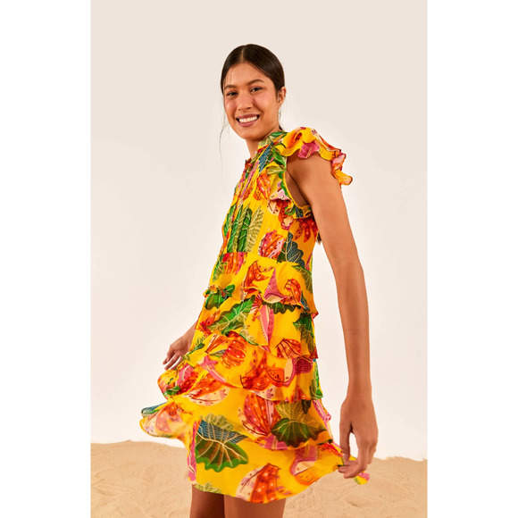 Farm Rio Yellow Beaks & Bananas Layered Ruffled Mini Dress Large - Picture 1 of 13